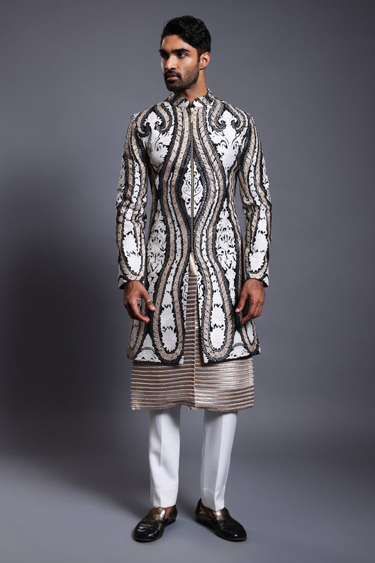 CF applique sherwani black and ivory / ST-ICW-SHRWN-006