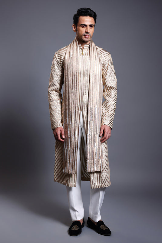 CF strip work rope kurta gold