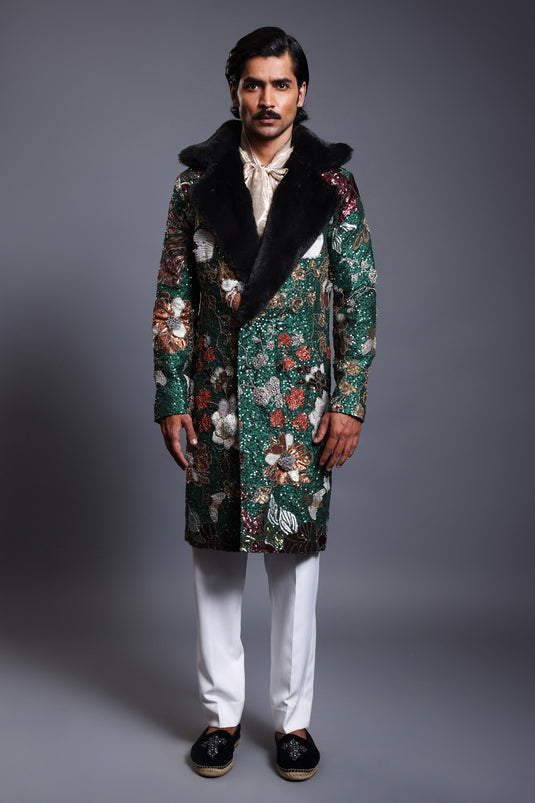 CF embroidered bumblebee overcoat emerald