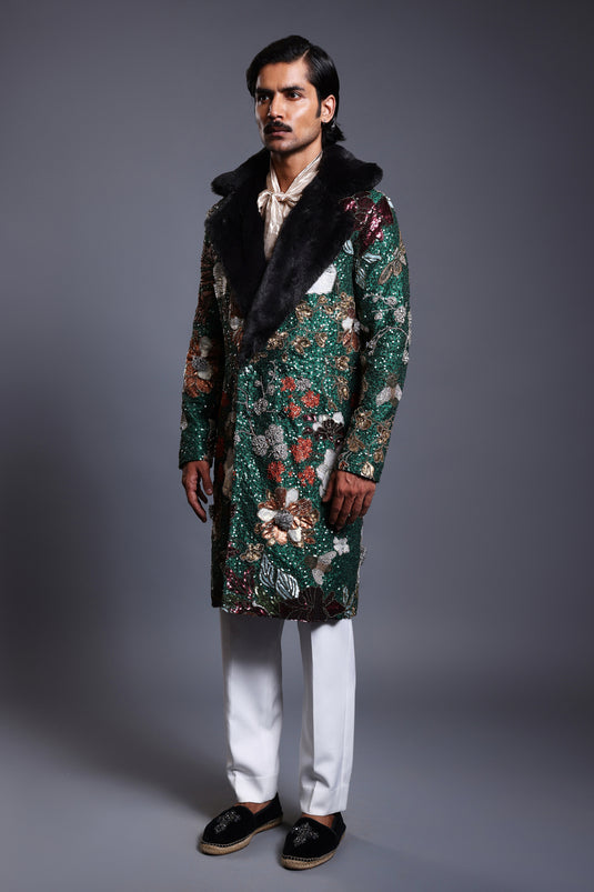 CF embroidered bumblebee overcoat emerald