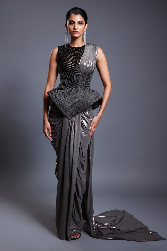 CF corseted saree gunmetal.