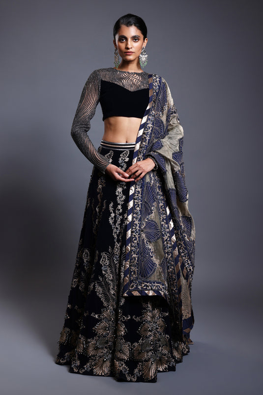 CF applique lehenga navy