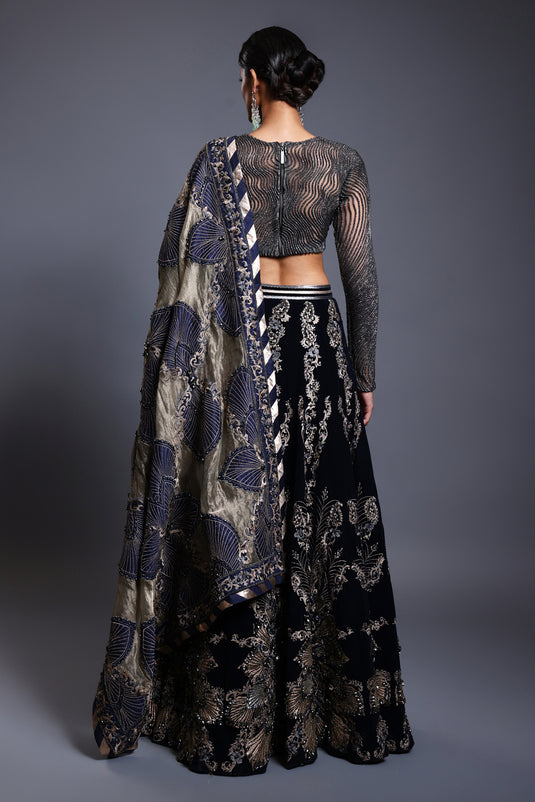 CF applique lehenga navy