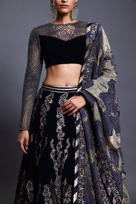 CF applique lehenga navy