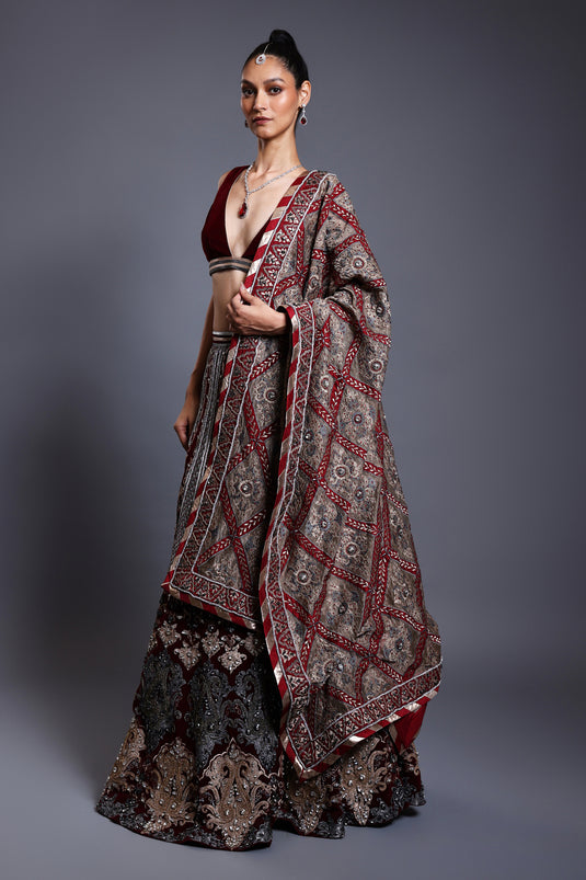 CF applique lehenga maroon