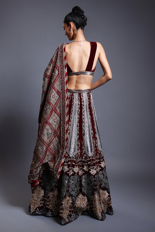 CF applique lehenga maroon