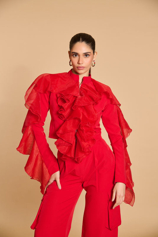 Spectrum crop ruffle jacket red