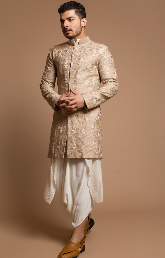 BEIGE THREADWORK SHERWANI